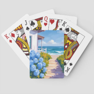 Cape Cod Beach Path   Hydrangea Coastal Painting Playing Cards