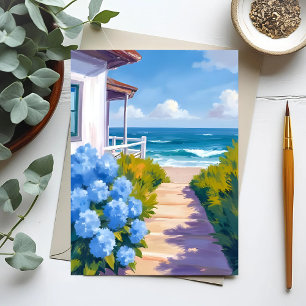 Cape Cod Beach Path   Hydrangea Coastal Painting Postcard