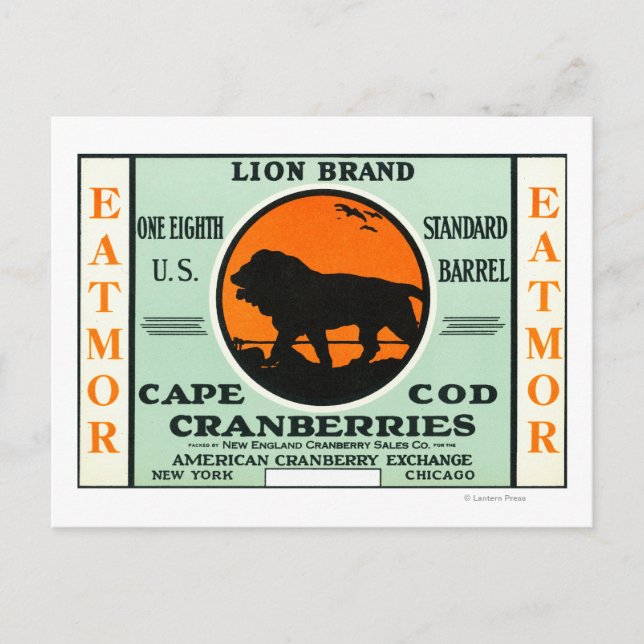 Cape Cod Lion Eatmor Cranberries Brand Label Postcard (Front)