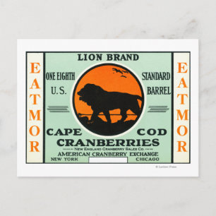 Cape Cod Lion Eatmor Cranberries Brand Label Postcard