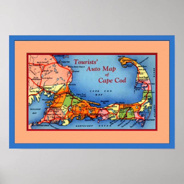 Cape Cod Massachusetts Tourists Auto Map Poster (Front)