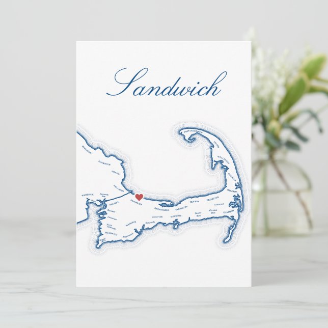 Cape Cod Sandwich Map Wedding Table Name Card (Standing Front)