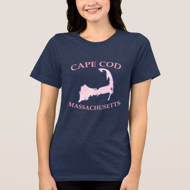 Cape Cod Silhouette Pink Striped Women's Navy Tri-Blend Shirt (Front)
