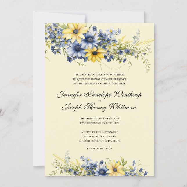 Cape Cod Soft Yellow Floral Wedding Invitation (Front)