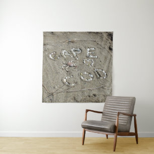 Cape Cod Spelled in Shells and Crab Sandy Beach Tapestry