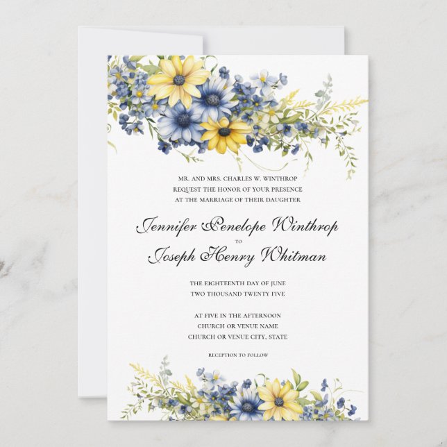Cape Cod Summer Blue Floral Wedding Invitation (Front)