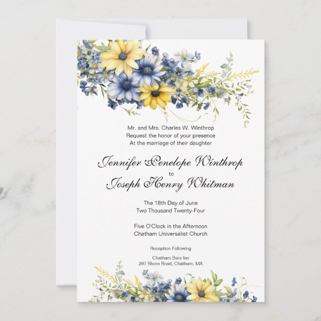 Cape Cod Summer Blue Yellow Garden Wedding Invitation (Front)