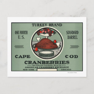 Cape Cod Turkey Brand Cranberry Label Postcard
