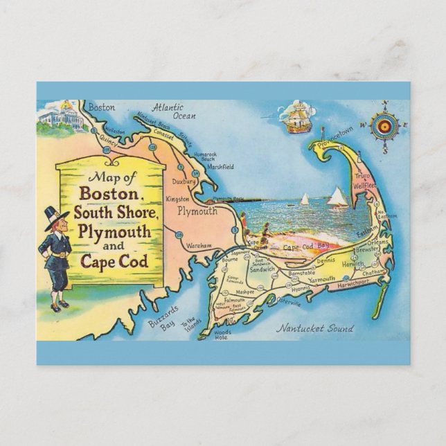 Cape Cod Vintage Map Postcard (Front)