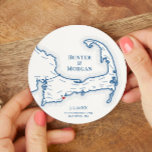 Cape Cod Wedding Welcome Party Cocktail Hour Round Paper Coaster<br><div class="desc">Cheers to great times on Cape Cod at your coastal wedding celebration with these personalised Cape Cod map paper coasters. Perfect customised paper coasters for your Cape Cod clam bake, Engagement Party, Wedding Welcome Party, Cocktail Hour or Wedding Reception. The hand drawn map of Cape Cod includes Barnstable, Bourne, Brewster,...</div>