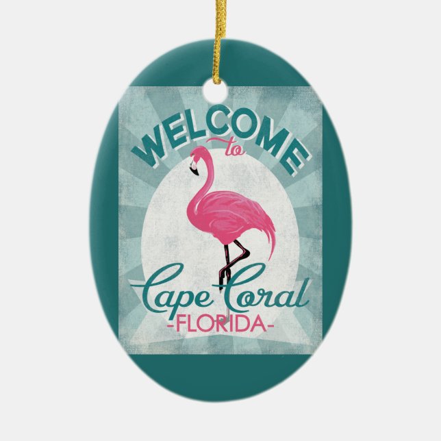 Cape Coral Florida Pink Flamingo Retro Ceramic Tree Decoration (Front)
