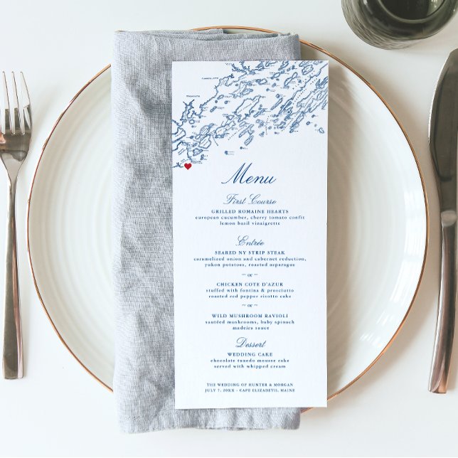 Cape Elizabeth Maine Map Elegant Navy Blue Wedding Menu (These navy blue Cape Elizabeth Maine wedding menus are perfect for a Casco Bay destination wedding.)