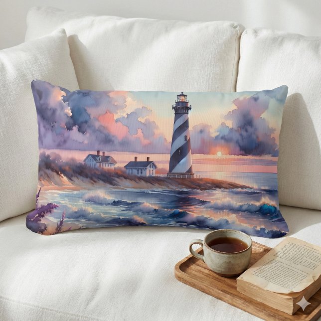 Cape Hatteras Lighthouse at Sunset Coastline Lumbar Cushion (Cape Hatteras Lighthouse at Sunset Coastline Lumbar Pillow Mockup A)