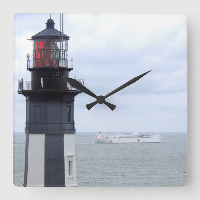 Cape Henry Lighthouse With A Ship Square Wall Clock (Front)