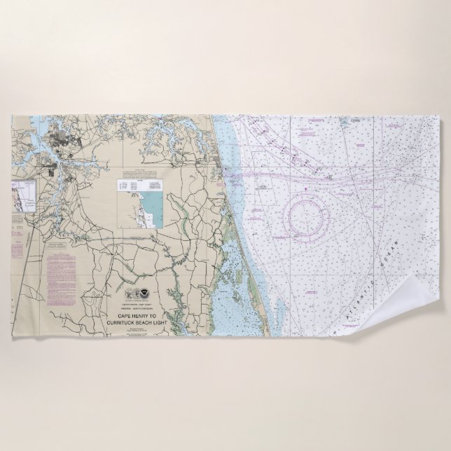 Cape Henry to Currituck Beach Light Nautical Chart Beach Towel (Front)