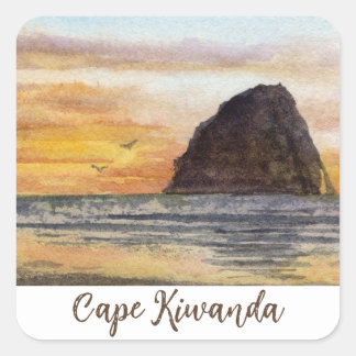 Cape Kiwanda Oregon Coast Sunset Watercolor Scene Square Sticker