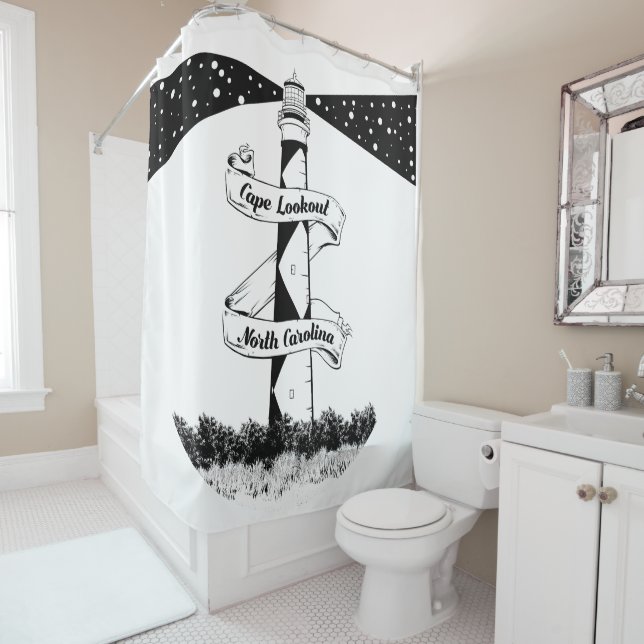 Cape Lookout Lighthouse Black and White Shower Curtain (In Situ)