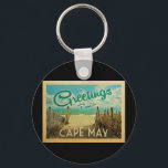 Cape May Beach Vintage Travel Key Ring<br><div class="desc">This Greetings From Cape May vintage postcard design features a sandy beach with a beautiful turquoise ocean water and above the sea,  a blue sky with billowy white clouds. In vintage travels style.</div>