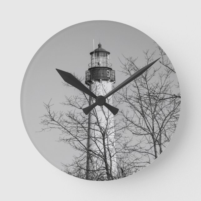 Cape May Light b/w Round Clock (Front)