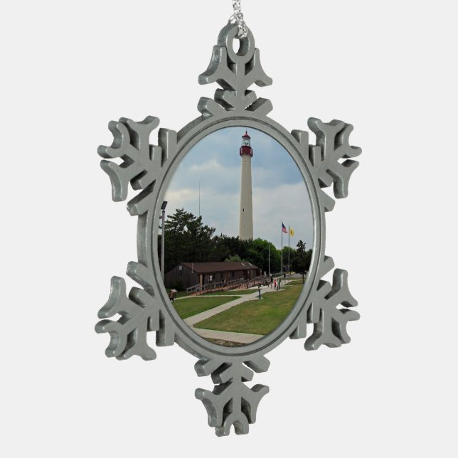 Cape May Lighthouse Snowflake Pewter Christmas Ornament (Left)