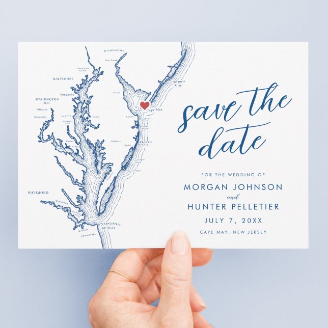 Cape May New Jersey Map Modern Wedding Save The Date (Cape May New Jersey Wedding Save the Date with Navy blue Chesapeake Bay map and modern typography )