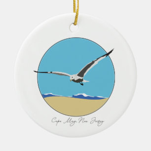 Cape May, New Jersey Sea Gull over Beach  Ceramic Tree Decoration