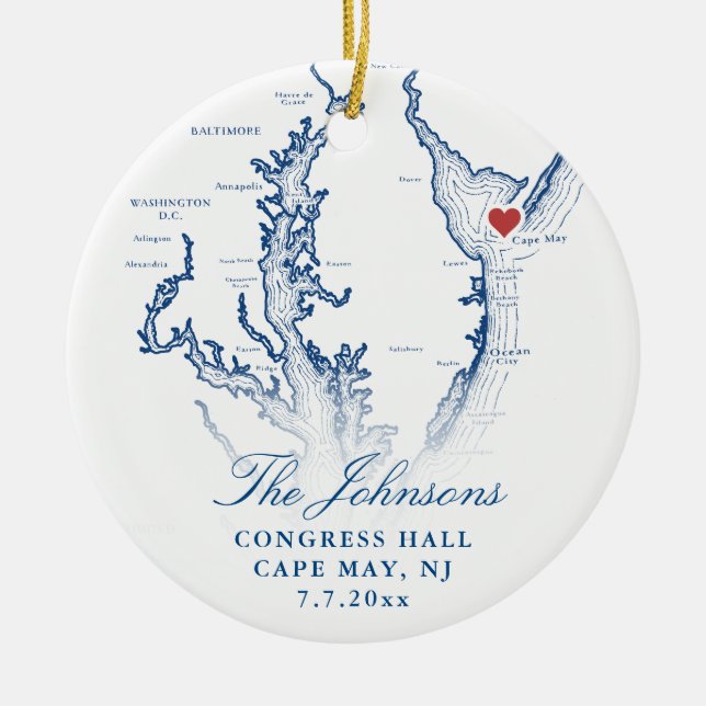 Cape May NJ Map Navy Wedding Photo Christmas Ceramic Tree Decoration (Front)