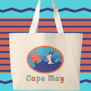 Cape May NJ Seagull Ocean Waves and Sun Large Tote Bag