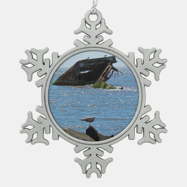 Cape May Shipwreck Snowflake Pewter Christmas Ornament (Front)