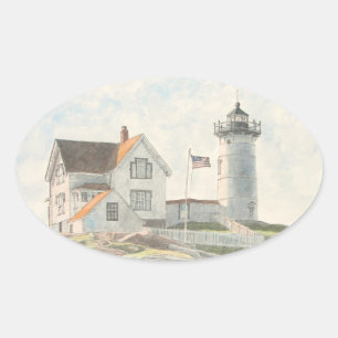 Cape Neddick Lighthouse Watercolor Oval Sticker