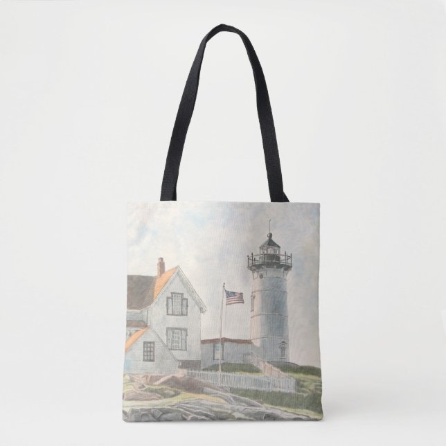 Cape Neddick Lighthouse Watercolor Tote Bag (Front)