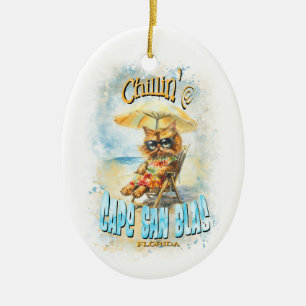 Cape San Blas Florida Beach Lounging Cat Ceramic Tree Decoration