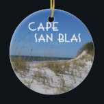 Cape San Blas Florida Ceramic Tree Decoration<br><div class="desc">Cape San Blas Florida commemorative ornament to celebrate happy memories of your vacation or beach house on this beautiful peninsula in the Florida panhandle. Photo of a lovely beach scene with sand dunes,  along with Cape San Blas in fun deco typography. Choose your ornament shape.</div>