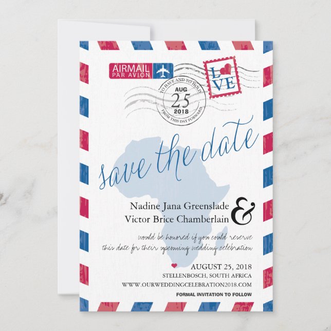 Cape Town South Africa Airmail Save The Date (Front)