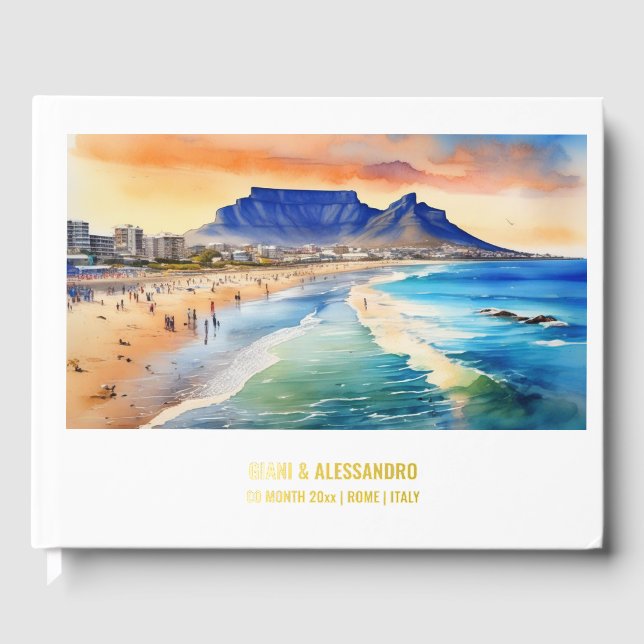 Cape Town Table Mountain watercolor travel wedding Guest Book (Front)