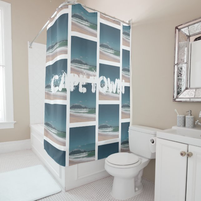 Cape Town ZA Table Mountain Ocean Beach Shower Curtain (In Situ)