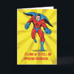 Caped Superhero Grandson 8th Birthday Card<br><div class="desc">This superhero is flying in to tell your grandson what an amazing he is! Celebrate his 8th birthday with this caped hero with a yellow and gold starburst background.</div>