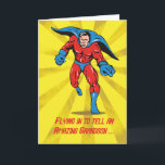 Caped Superhero Grandson 8th Birthday Card<br><div class="desc">This superhero is flying in to tell your grandson what an amazing he is! Celebrate his 8th birthday with this caped hero with a yellow and gold starburst background.</div>