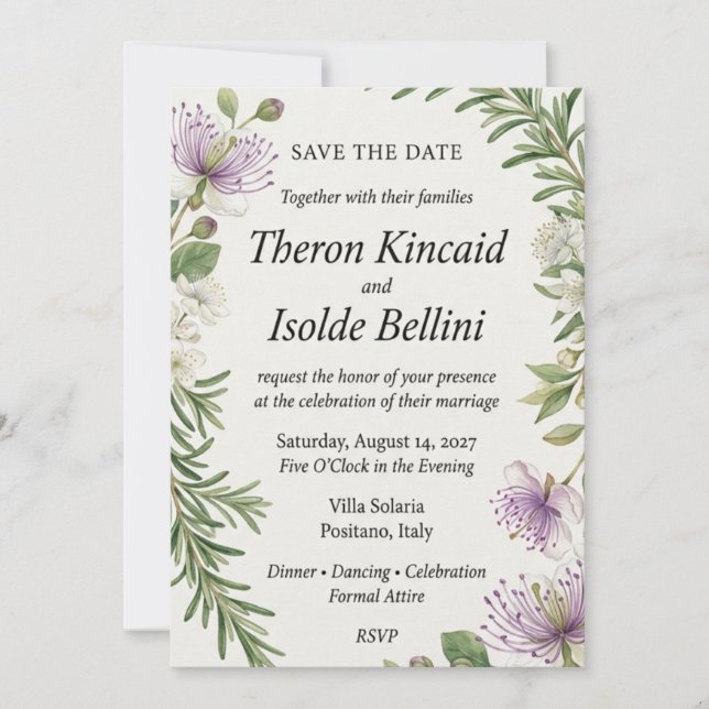 Caper Flower & Rosemary Botanical Elegant Save  Invitation (Front)