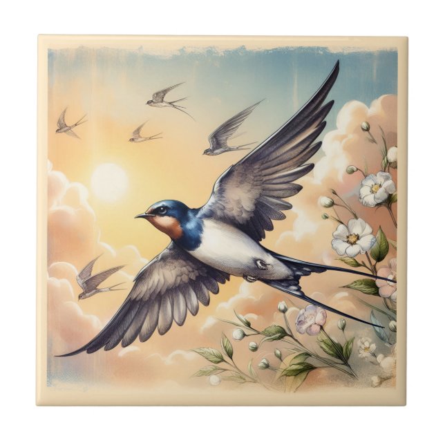 Capistrano Barn Swallows in Golden Sunset Tile (Front)