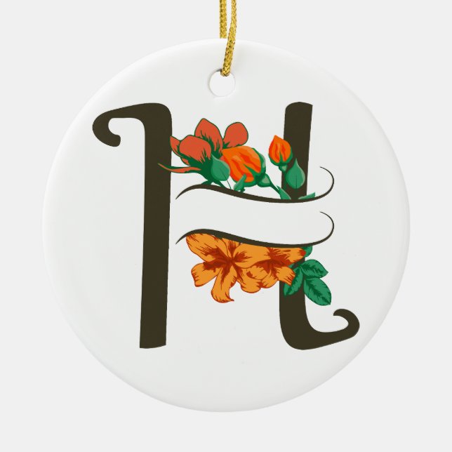 Capital letter H floral monogram Ceramic Tree Decoration (Front)