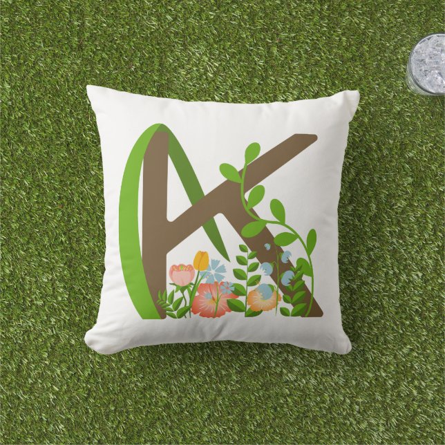 Capital letter K floral monogram Cushion (Grass)
