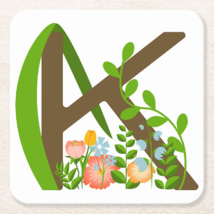 Capital letter K floral monogram Square Paper Coaster