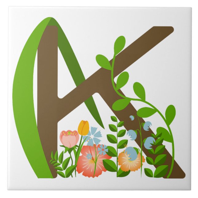 Capital letter K floral monogram Tile (Front)