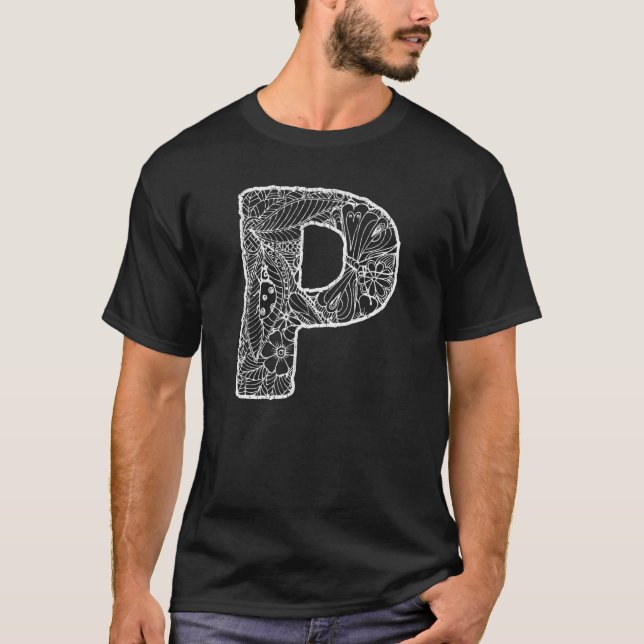 Capital Letter P  Floral Chic Boho Abstract Doodle T-Shirt (Front)