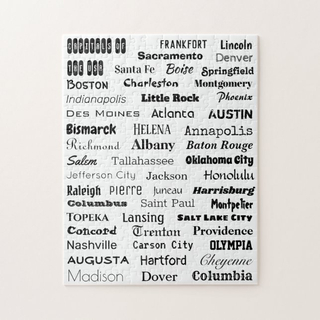 Capitals of the USA Puzzle - black on white (Vertical)