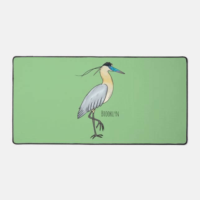Capped heron bird cartoon illustration desk mat (Front)