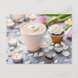 Cappuccino cup with floating heart and engagement holiday postcard