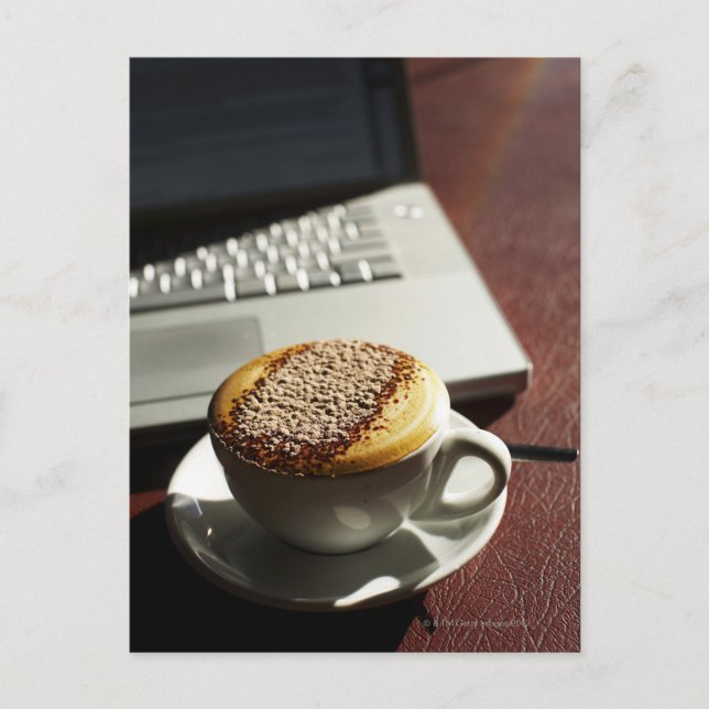 Cappuccino in front of laptop postcard (Front)