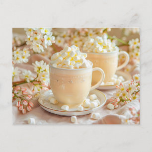 Cappuccino with marshmallows and blossom twigs holiday postcard